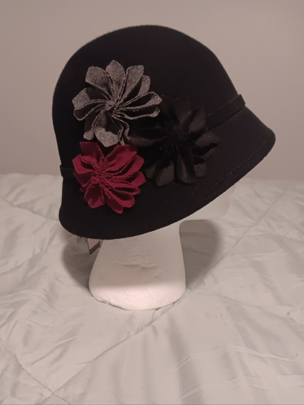 Scala Pronto Black Floral Cloche  Bucket Hat with Black, Red and Grey Flowers.